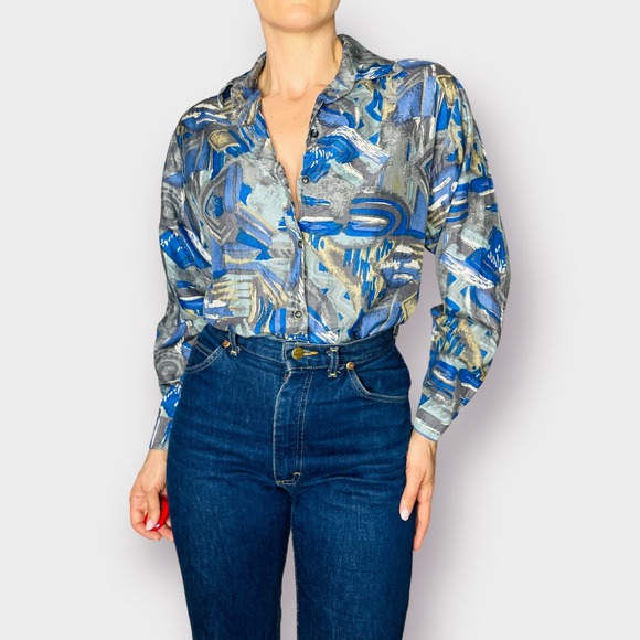 90s S.I.N.Y. Blue Aqua Gray Abstract Print Silk Shirt - Picture 6 of 9